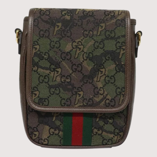 Gucci Palace Shoulder Bag Camouflage GG Canvas Web Sherry Line Unisex Green Brown Gold Hardware Crossbody Bag