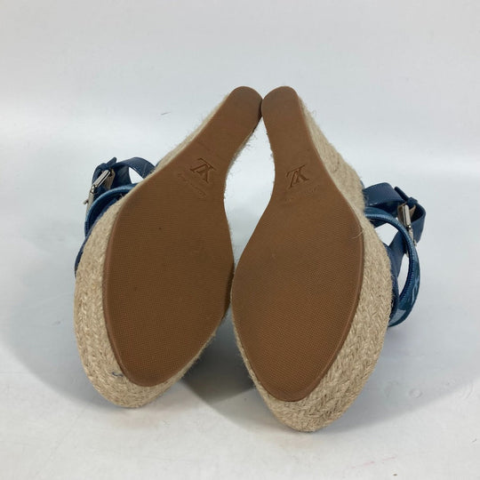 LOUIS VUITTON Sandals Monogram denim canvas blue Monogram denim Wedge sole Women 37.5 Used Authentic