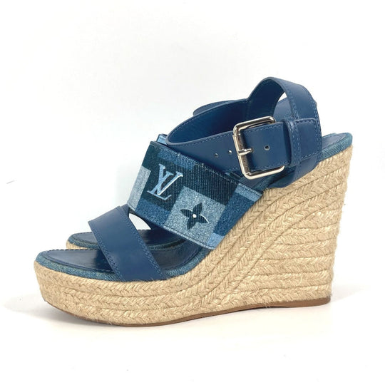 LOUIS VUITTON Sandals Monogram denim canvas blue Monogram denim Wedge sole Women 37.5 Used Authentic