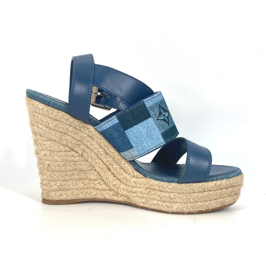 LOUIS VUITTON Sandals Monogram denim canvas blue Monogram denim Wedge sole Women 37.5 Used Authentic