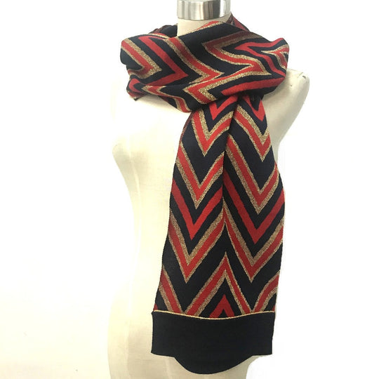 GUCCI Scarf wool Navy x Gold x Red V line mens Used Authentic