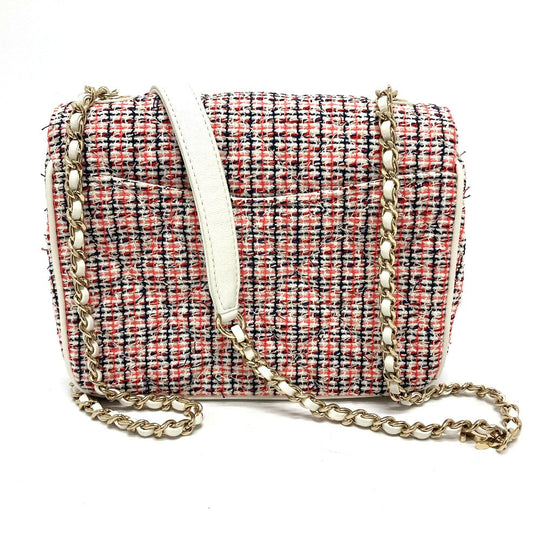 CHANEL Shoulder Bag Leather, Tweed White x red CC COCO Mark flap pochette Women Used Authentic