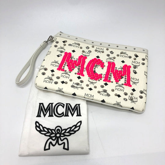 MCM Clutch bag leather white Logogram clutch Women Used Authentic