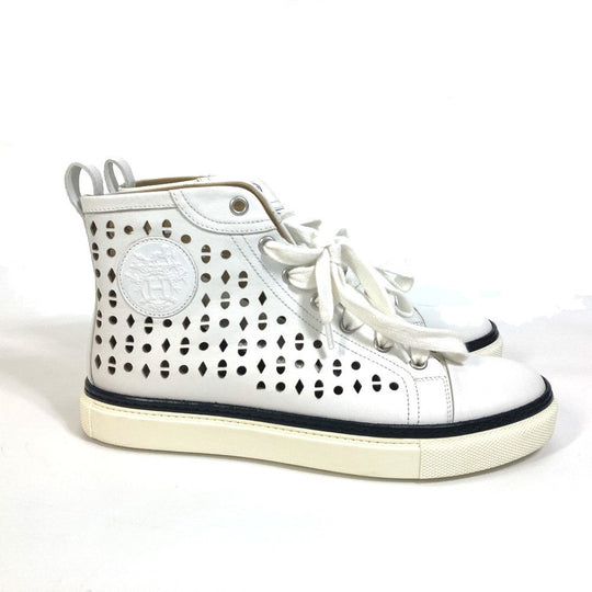 HERMES sneakers leather white punching High cut Women 37 Used Authentic
