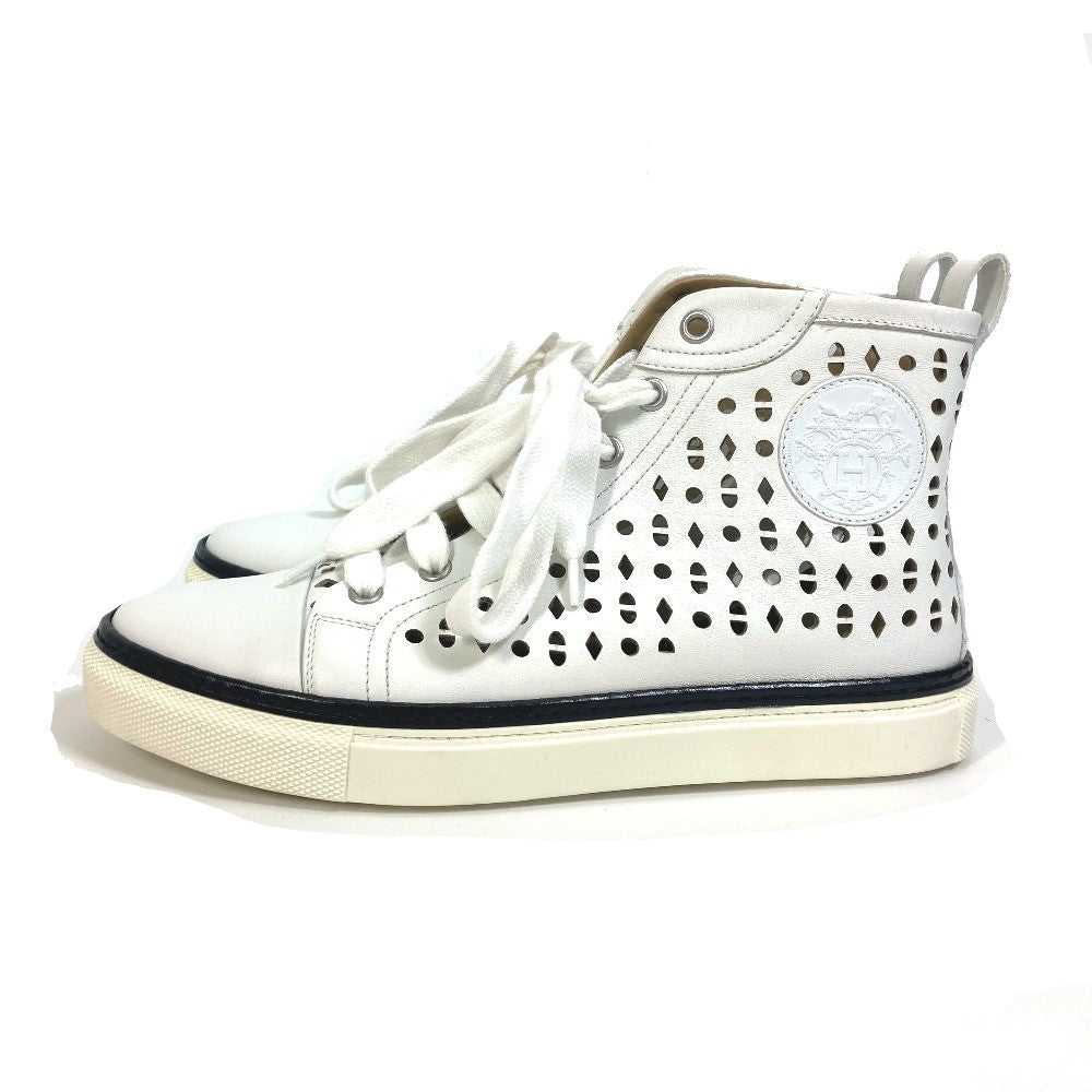 HERMES sneakers leather white punching High cut Women 37 Used Authentic