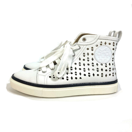 HERMES sneakers leather white punching High cut Women 37 Used Authentic