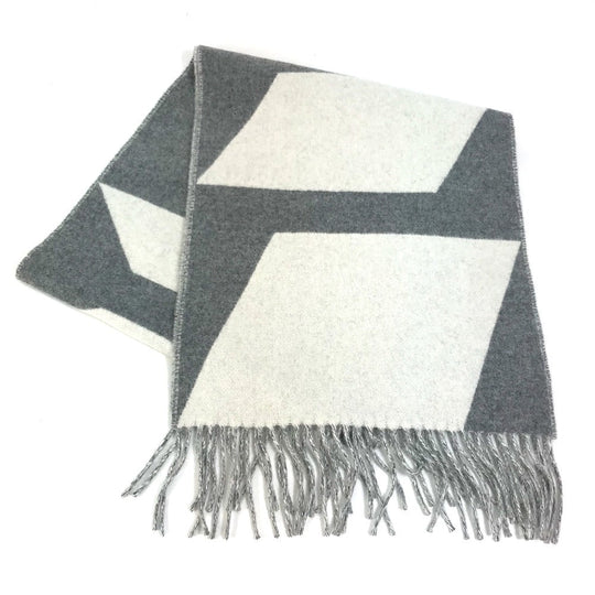 HERMES Scarf cashmere Gray x white Kazak Optic Women Used Authentic