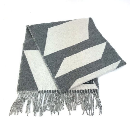 HERMES Scarf cashmere Gray x white Kazak Optic Women Used Authentic