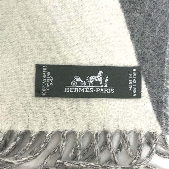 HERMES Scarf cashmere Gray x white Kazak Optic Women Used Authentic