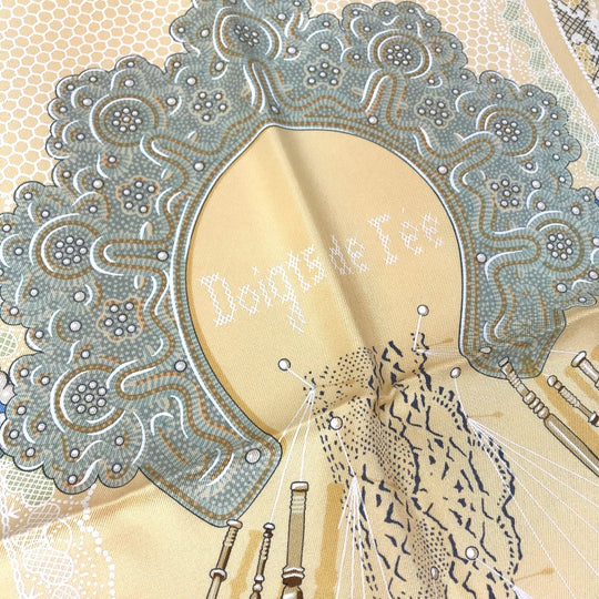 HERMES scarf silk yellow Doigts de Fee Fairy finger Women Secondhand Authentic