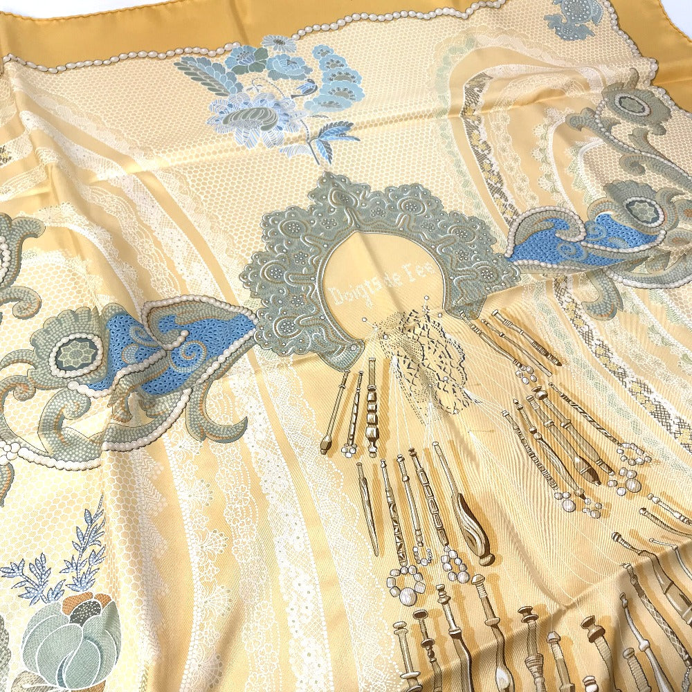 HERMES scarf silk yellow Doigts de Fee Fairy finger Women Secondhand Authentic