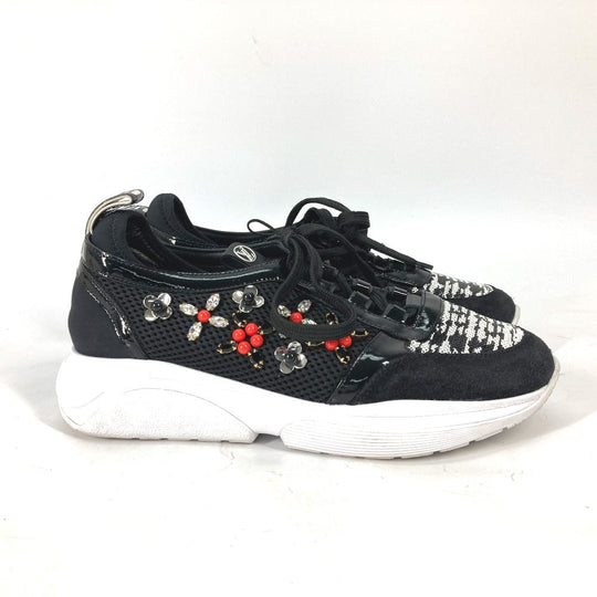 LOUIS VUITTON sneakers Enamel, Nylon black mesh Bijou Flower Sequin Beads Women 35.5 Used Authentic