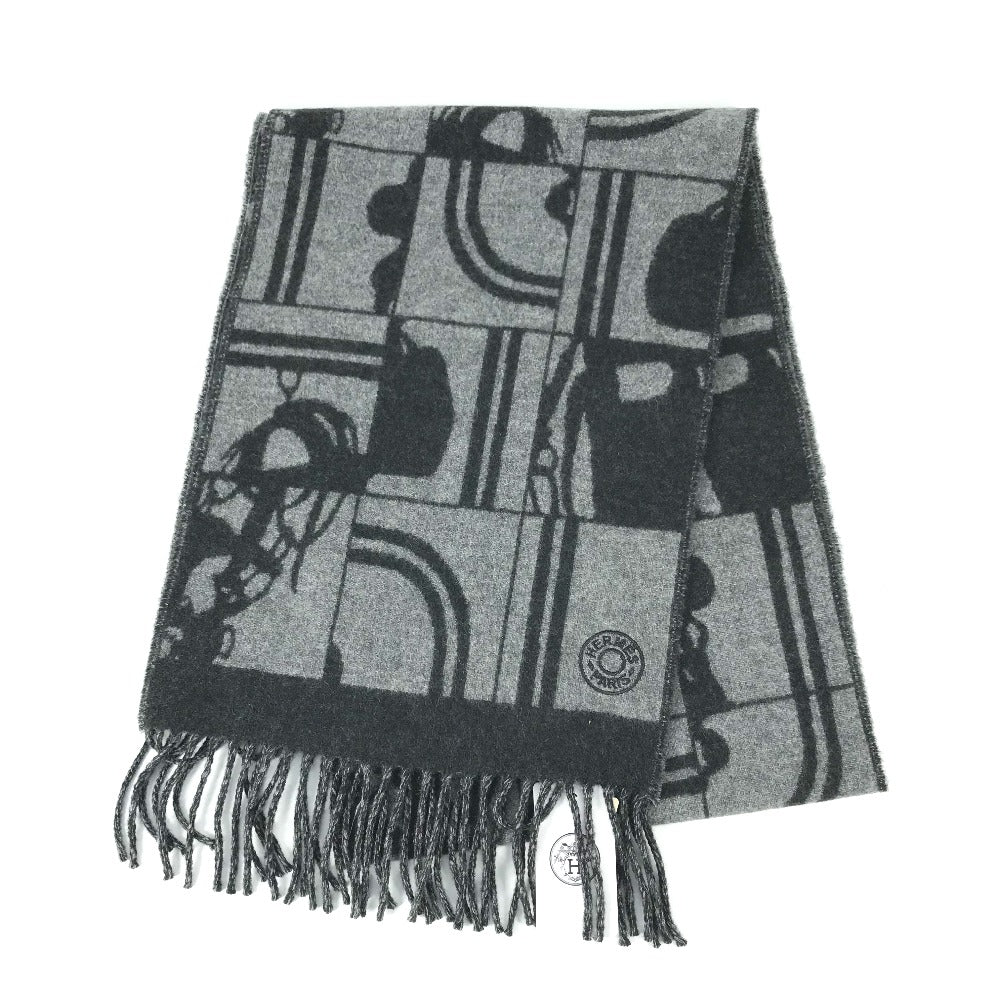 HERMES Scarf cashmere gray fringe Brides de Gala mens(Unisex) Used Authentic