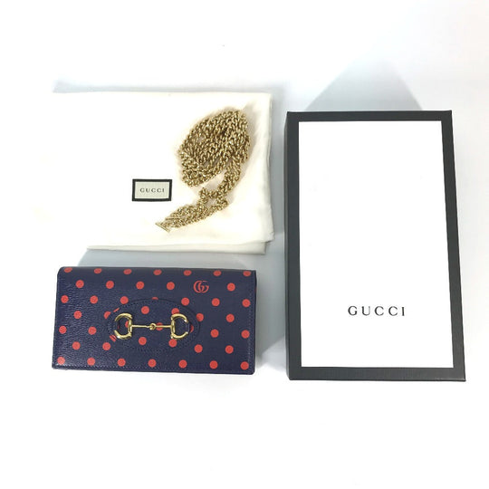 GUCCI Long Wallet Purse 621892 leather Navy x red Horsebit 1955 Dot Polka Dot Chain wallet Women Used Authentic