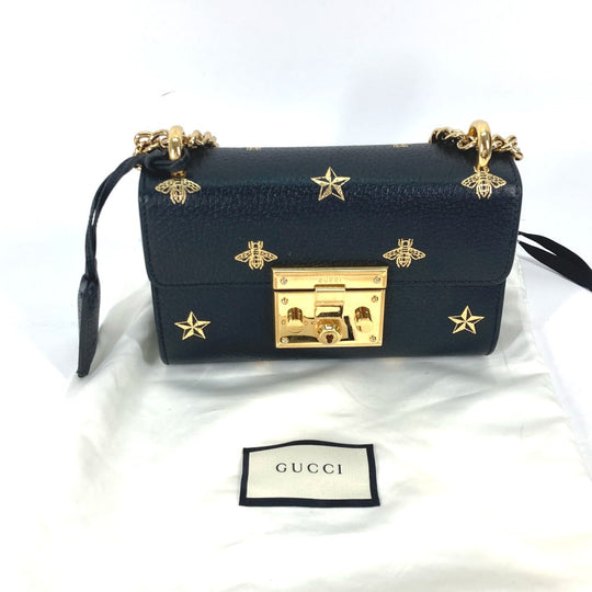 GUCCI Shoulder Bag 432182 leather black Crossbody bag pochette PADLOCK BEE Women Used Authentic