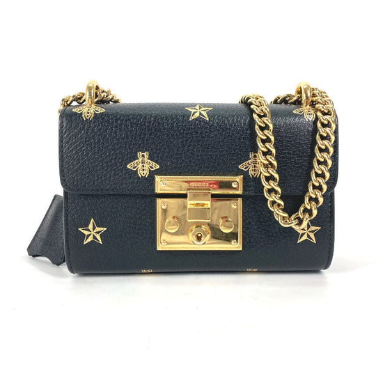GUCCI Shoulder Bag 432182 leather black Crossbody bag pochette PADLOCK BEE Women Used Authentic