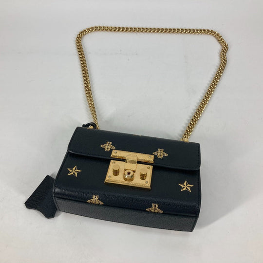 GUCCI Shoulder Bag 432182 leather black Crossbody bag pochette PADLOCK BEE Women Used Authentic