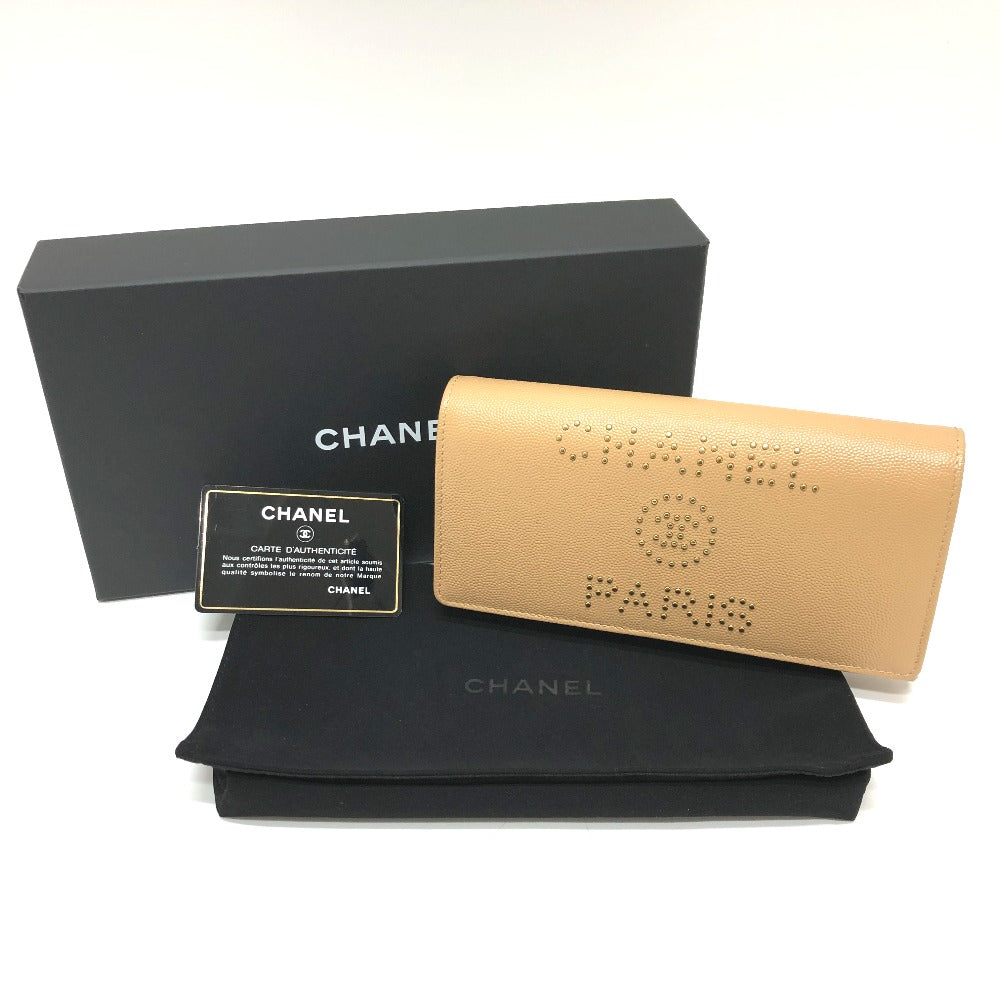 CHANEL Long Wallet Purse Caviar skin beige Long wallet Studs logo Women Secondhand Authentic