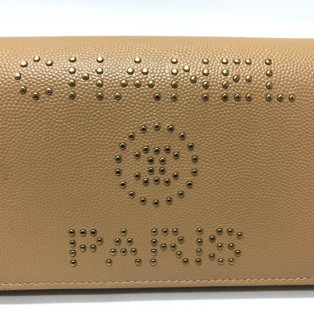 CHANEL Long Wallet Purse Caviar skin beige Long wallet Studs logo Women Secondhand Authentic
