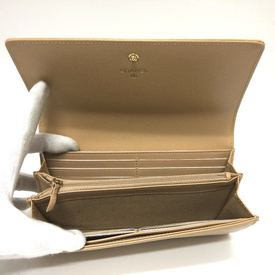 CHANEL Long Wallet Purse Caviar skin beige Long wallet Studs logo Women Secondhand Authentic