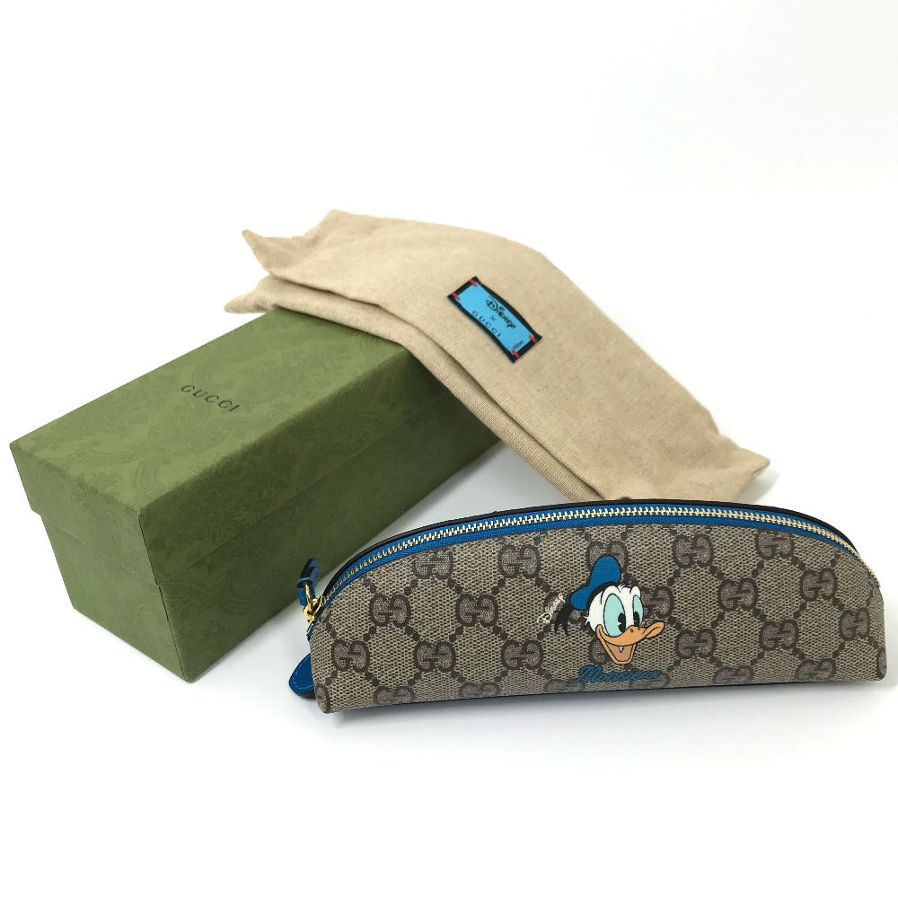 GUCCI pencil case 662129 GG canvas / leather Beige x blue Disney collaboration Donald duck Women Used Authentic