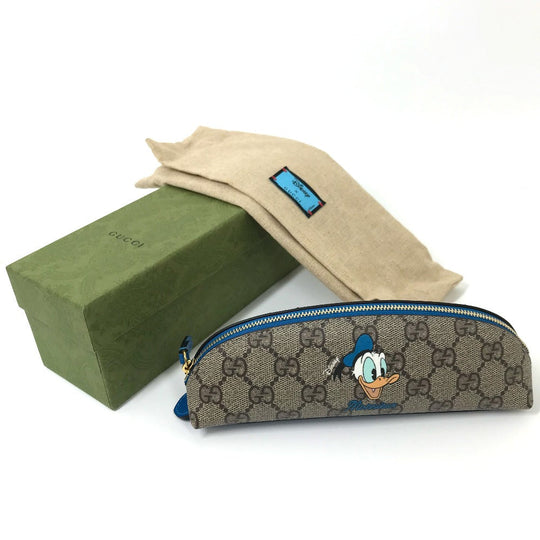 GUCCI pencil case 662129 GG canvas / leather Beige x blue Disney collaboration Donald duck Women Used Authentic