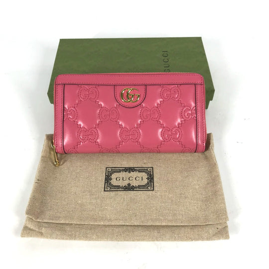 GUCCI Long Wallet Purse 723784 leather pink GG Marmont GG Matelasse Zip Around Wallet Women Used Authentic