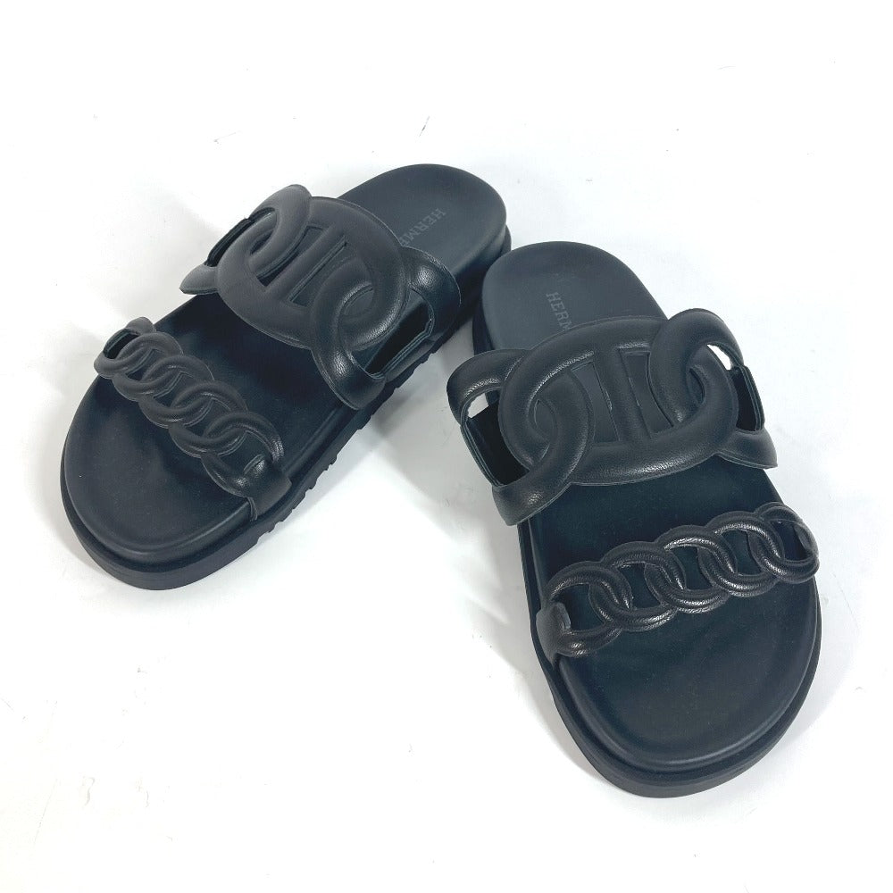HERMES Sandals leather black Flat sandals extra Women 37 Used Authentic