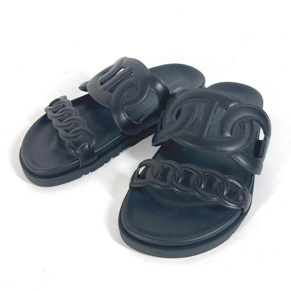 HERMES Sandals leather black Flat sandals extra Women 37 Used Authentic