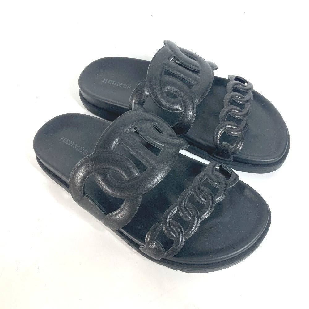 HERMES Sandals leather black Flat sandals extra Women 37 Used Authentic