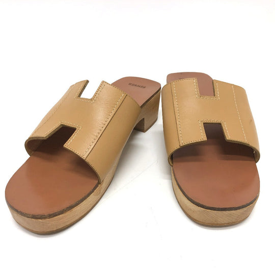HERMES Sandals Leather / Wood beige H logo Kevral Women 38 Used Authentic