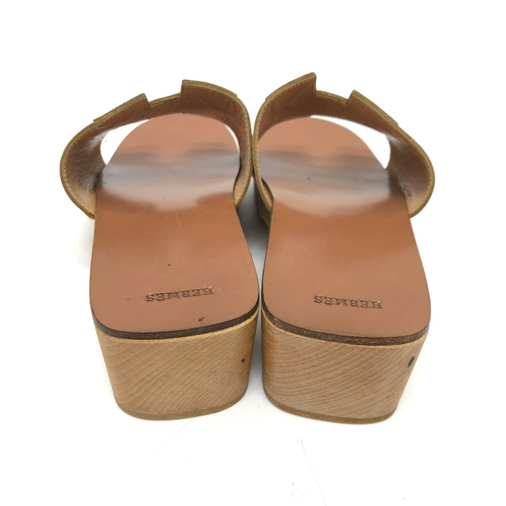 HERMES Sandals Leather / Wood beige H logo Kevral Women 38 Used Authentic
