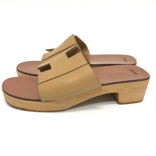 HERMES Sandals Leather / Wood beige H logo Kevral Women 38 Used Authentic