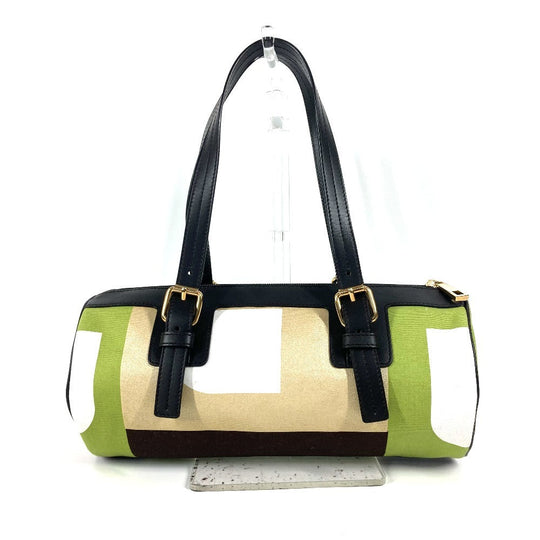 BALLY Handbag Leather / canvas green logo Cylindrical Women Used Authentic