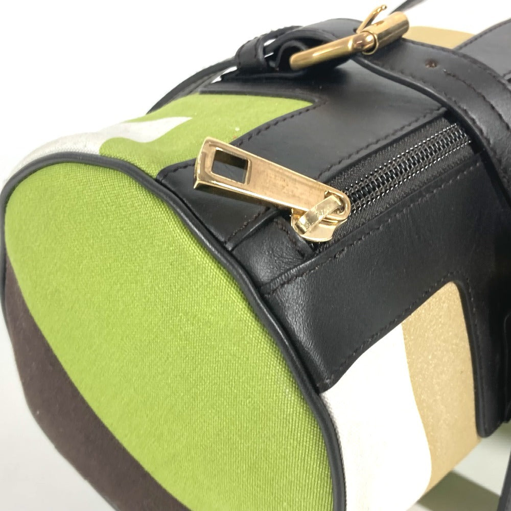 BALLY Handbag Leather / canvas green logo Cylindrical Women Used Authentic