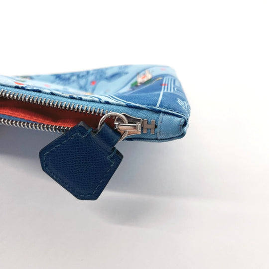 HERMES Pouch 100% silk blue Silky pocket Women Used Authentic