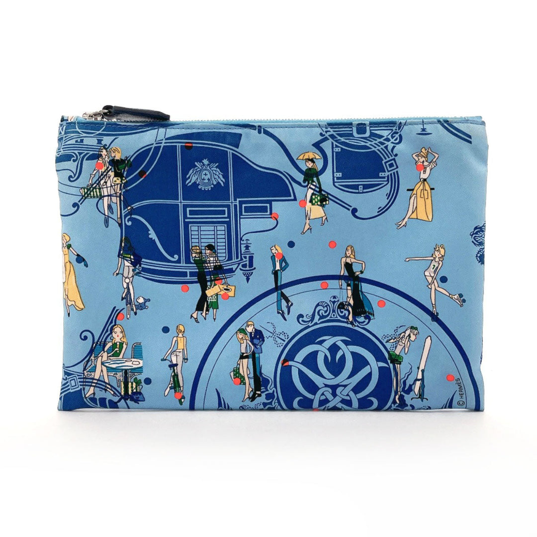 HERMES Pouch 100% silk blue Silky pocket Women Used Authentic