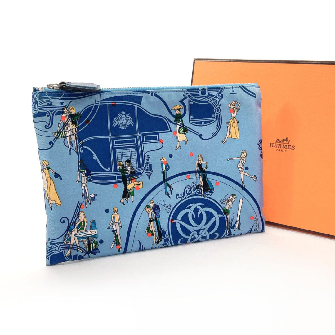 HERMES Pouch 100% silk blue Silky pocket Women Used Authentic