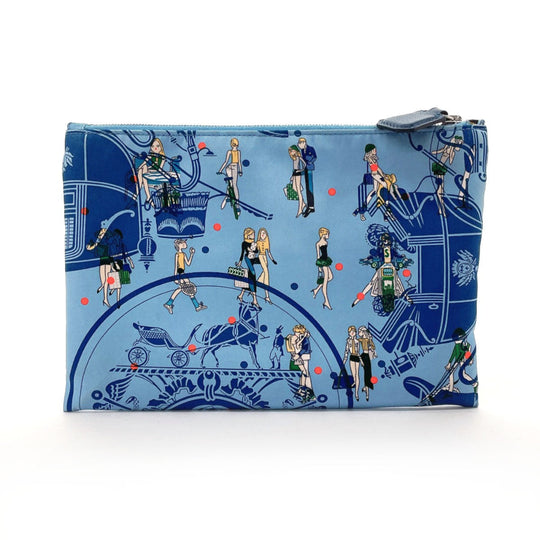 HERMES Pouch 100% silk blue Silky pocket Women Used Authentic