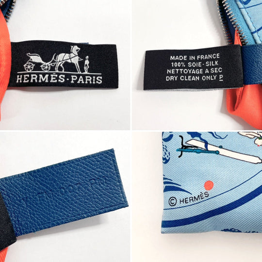 HERMES Pouch 100% silk blue Silky pocket Women Used Authentic