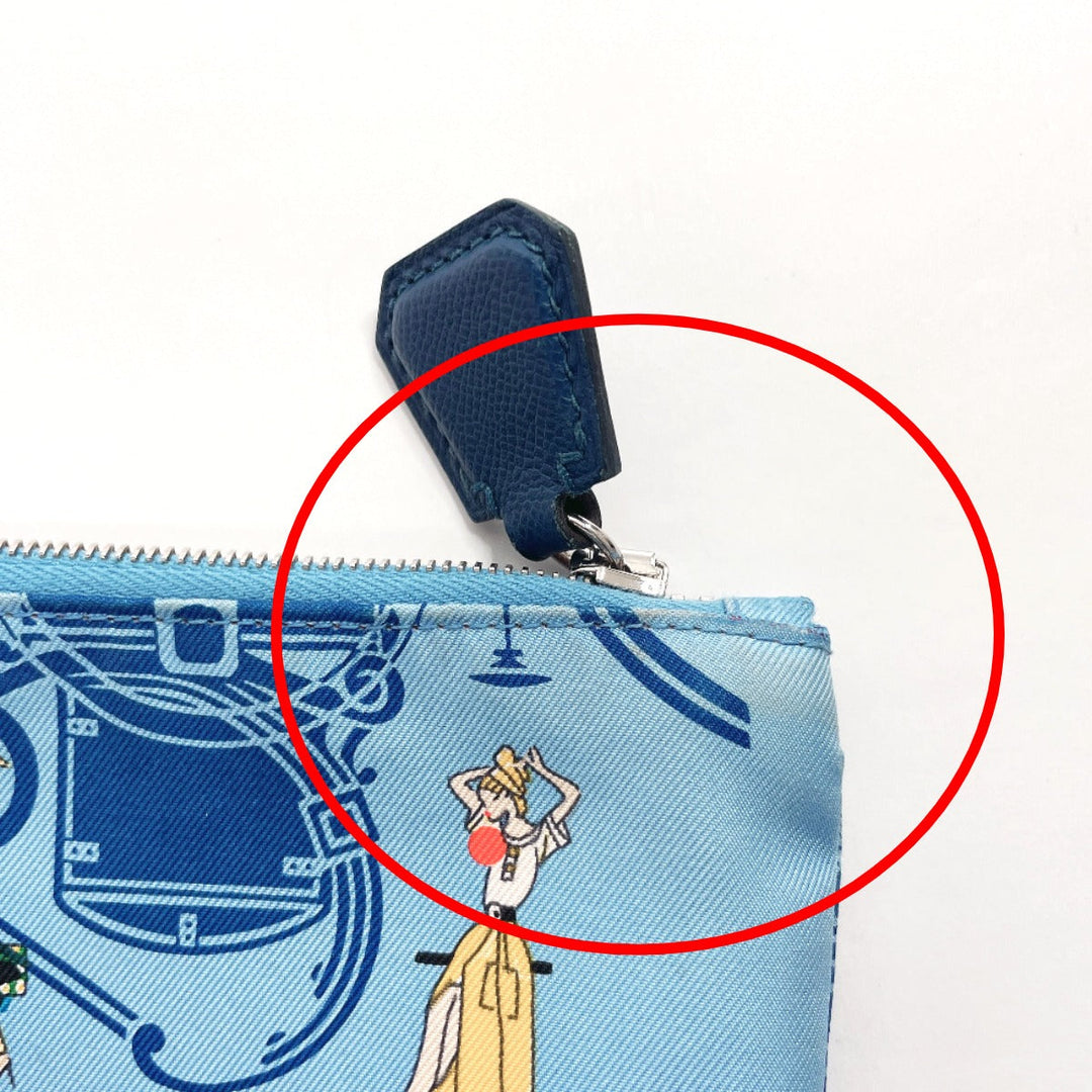 HERMES Pouch 100% silk blue Silky pocket Women Used Authentic