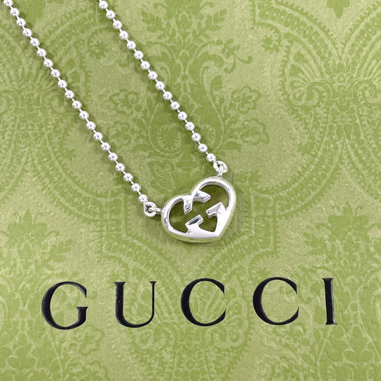 GUCCI Necklace Silver925 Silver Ball chain Interlocking G heart Women Used Authentic