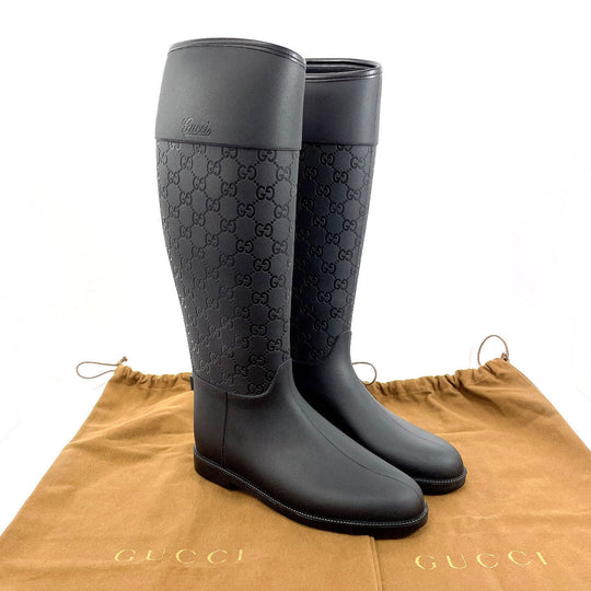 GUCCI Rain shoes rubber black GG rain boots Women 36 Used Authentic