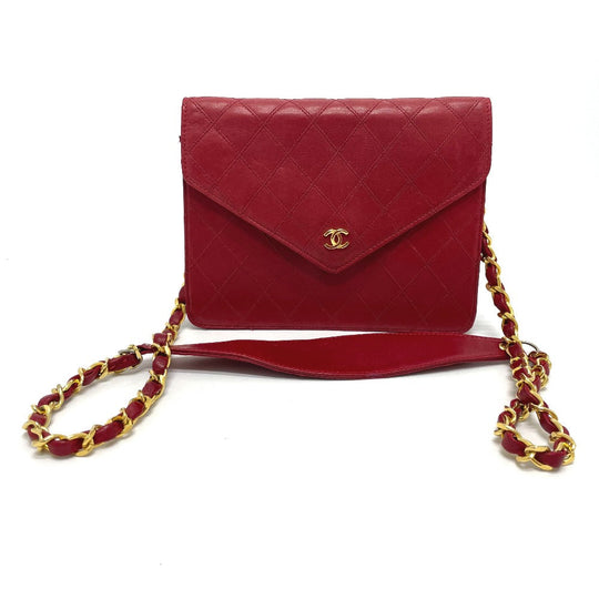 CHANEL Shoulder Bag lambskin Red x Gold Metal Bicolole COCO Mark Women Used Authentic