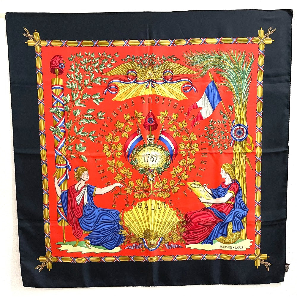 HERMES scarf 100% silk Black x red Carre90 LIBERTE EGALITE FRATERNITE REPUBLIQUE FRANCAISE Women Used Authentic