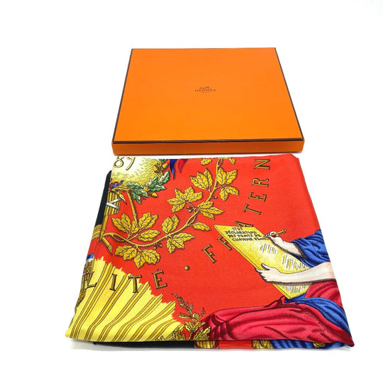 HERMES scarf 100% silk Black x red Carre90 LIBERTE EGALITE FRATERNITE REPUBLIQUE FRANCAISE Women Used Authentic