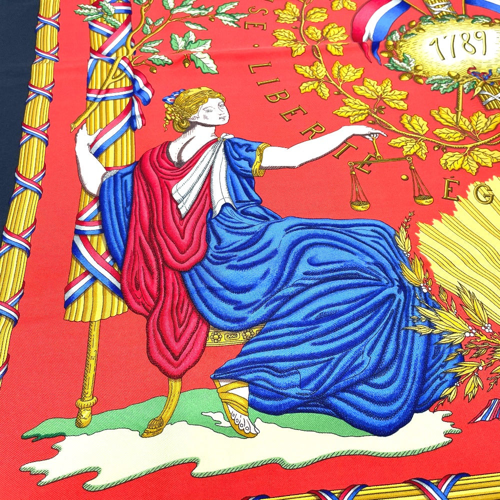 HERMES scarf 100% silk Black x red Carre90 LIBERTE EGALITE FRATERNITE REPUBLIQUE FRANCAISE Women Used Authentic