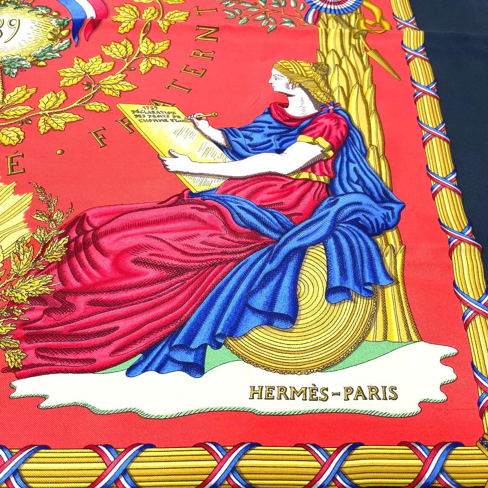 HERMES scarf 100% silk Black x red Carre90 LIBERTE EGALITE FRATERNITE REPUBLIQUE FRANCAISE Women Used Authentic