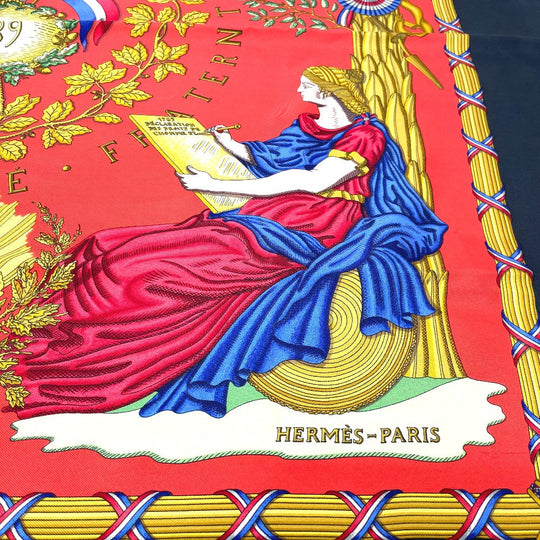 HERMES scarf 100% silk Black x red Carre90 LIBERTE EGALITE FRATERNITE REPUBLIQUE FRANCAISE Women Used Authentic