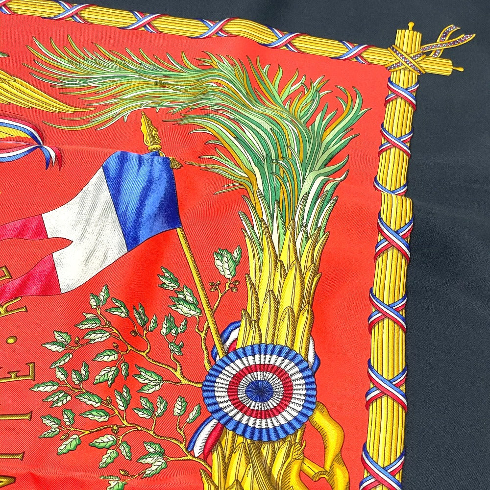 HERMES scarf 100% silk Black x red Carre90 LIBERTE EGALITE FRATERNITE REPUBLIQUE FRANCAISE Women Used Authentic